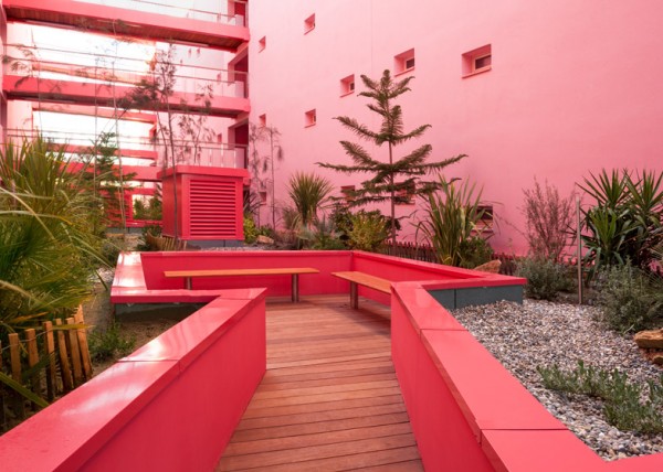 Пятиэтажка с розовыми стенами и садом на крыше
